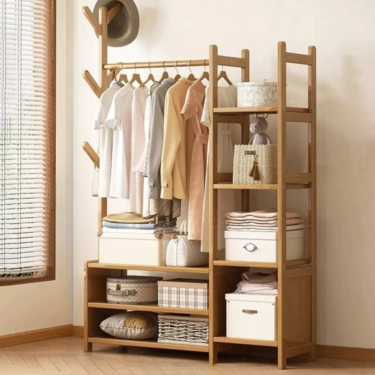 Rustic Wooden Natural Hooks Hall Tree with Storage Bench Image - 12