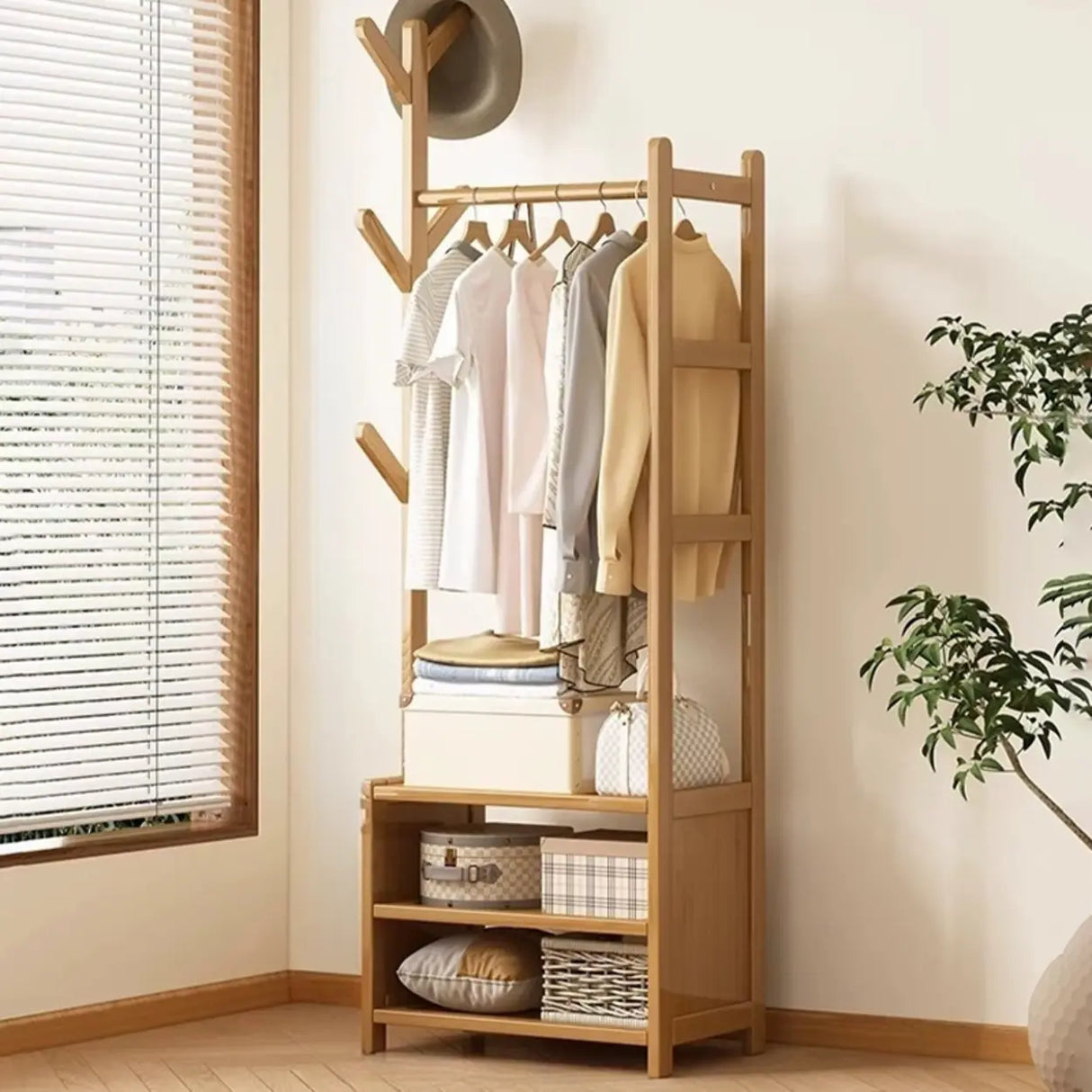 Rustic Wooden Natural Hooks Hall Tree with Storage Bench Image - 14