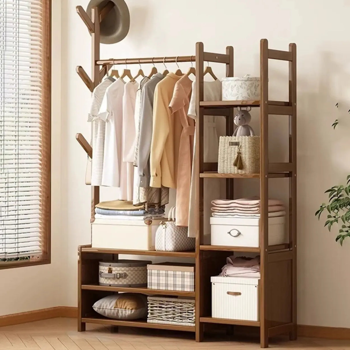 Rustic Wooden Natural Hooks Hall Tree with Storage Bench Image - 15