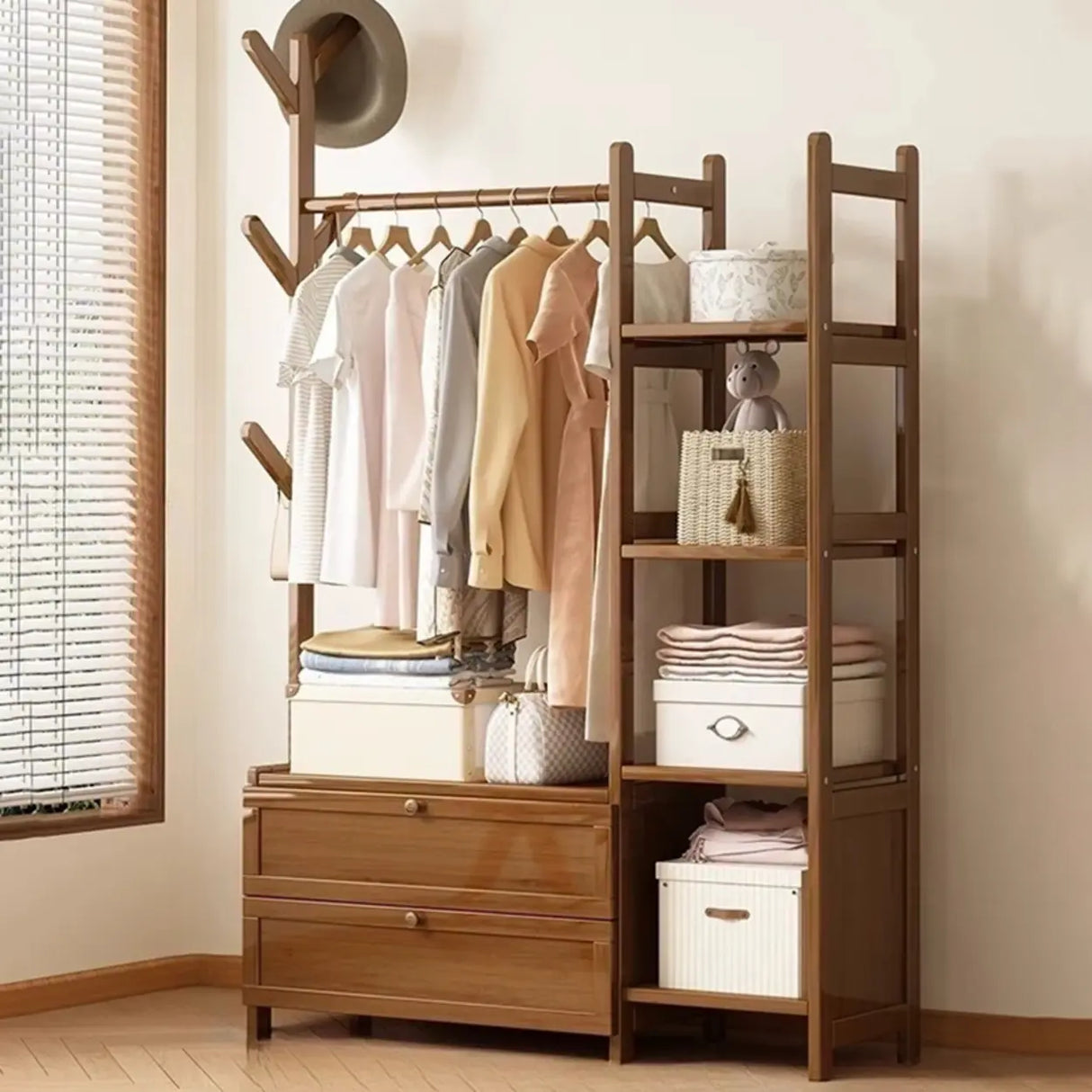 Rustic Wooden Natural Hooks Hall Tree with Storage Bench Image - 19