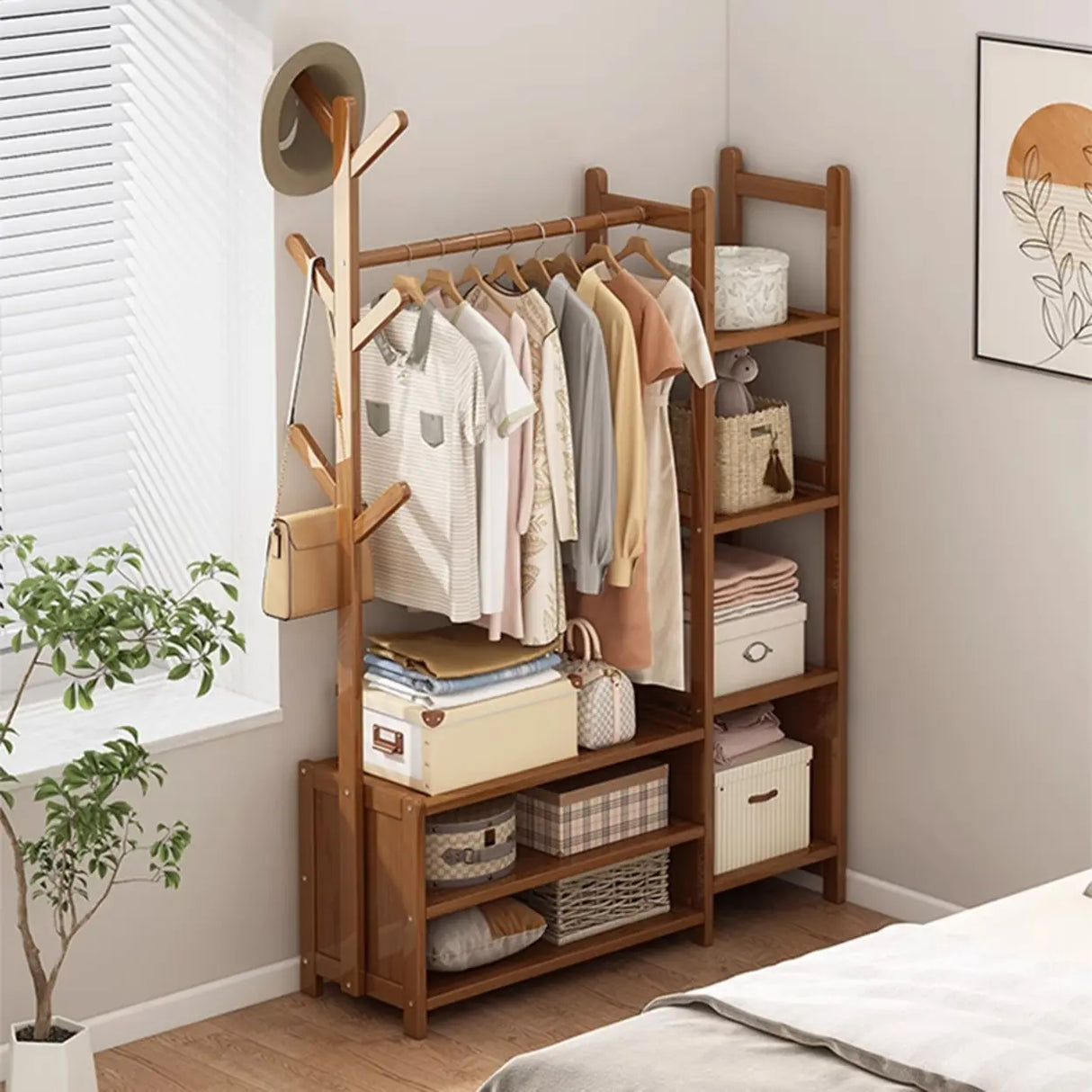 Rustic Wooden Natural Hooks Hall Tree with Storage Bench Image - 1