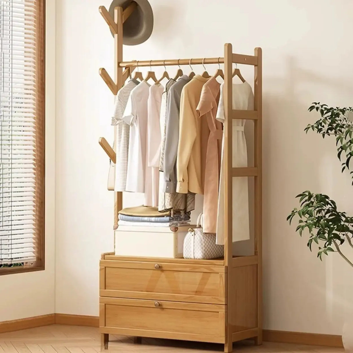 Rustic Wooden Natural Hooks Hall Tree with Storage Bench Image - 21