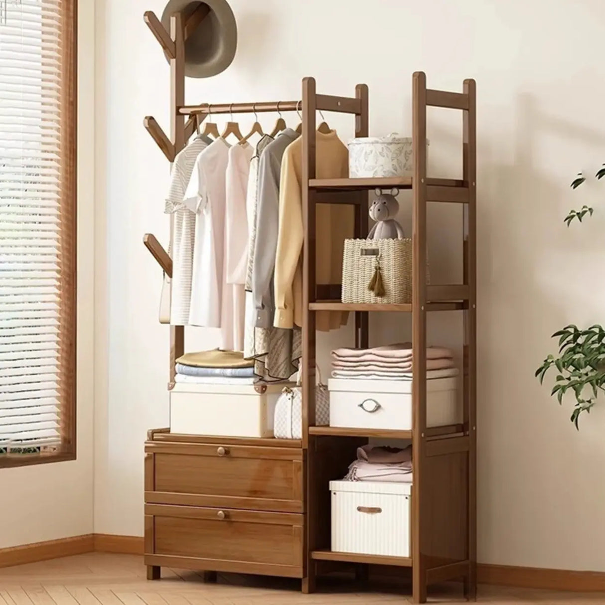 Rustic Wooden Natural Hooks Hall Tree with Storage Bench Image - 23