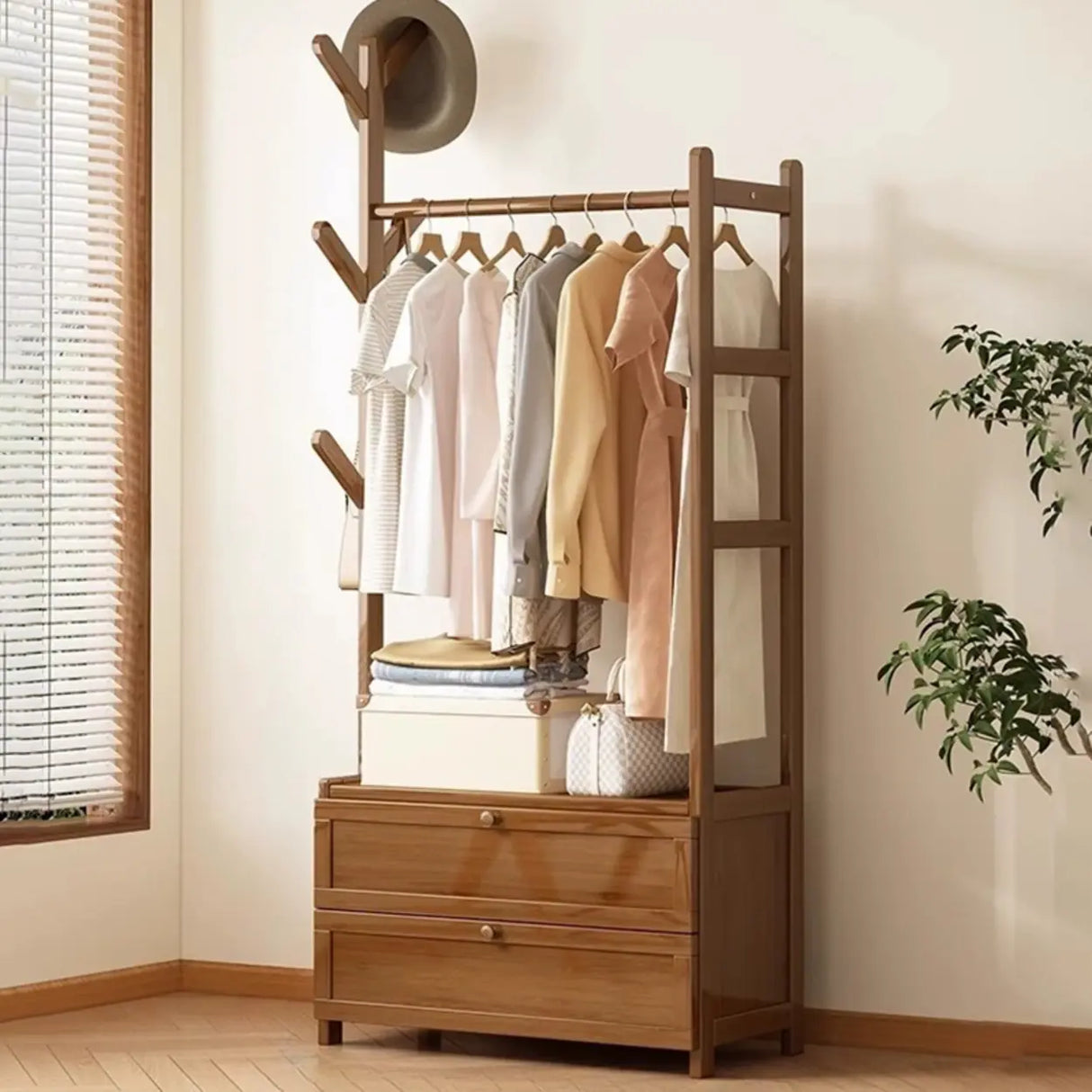 Rustic Wooden Natural Hooks Hall Tree with Storage Bench Image - 24