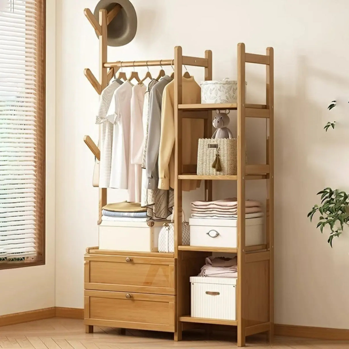 Rustic Wooden Natural Hooks Hall Tree with Storage Bench Image - 25