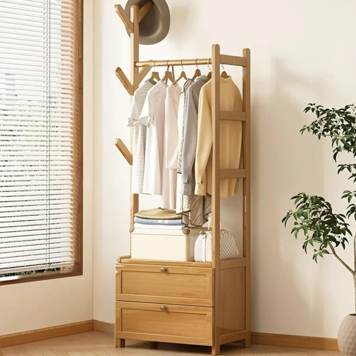 Rustic Wooden Natural Hooks Hall Tree with Storage Bench Image - 26