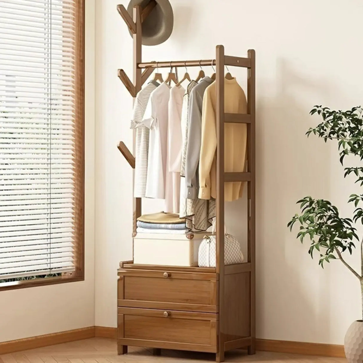 Rustic Wooden Natural Hooks Hall Tree with Storage Bench Image - 27