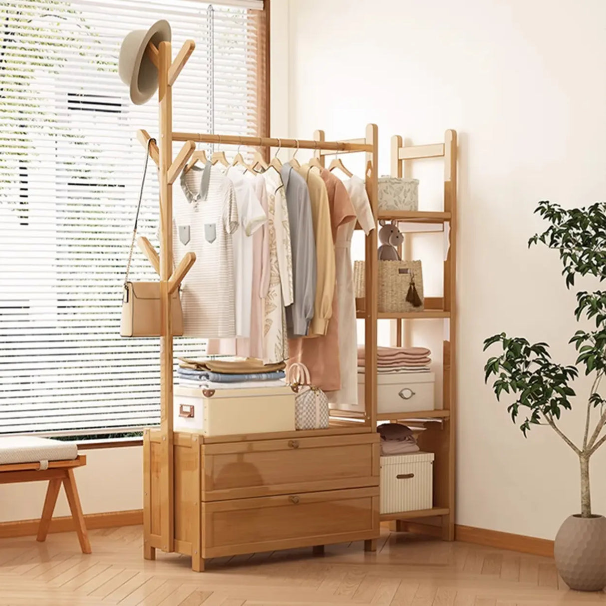 Rustic Wooden Natural Hooks Hall Tree with Storage Bench Image - 3