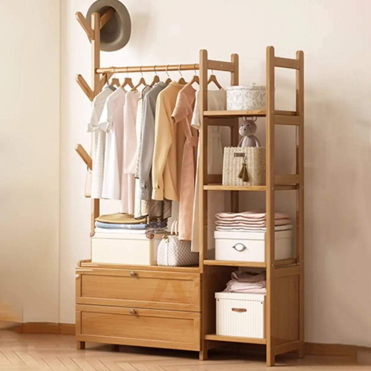 Rustic Wooden Natural Hooks Hall Tree with Storage Bench Image - 5