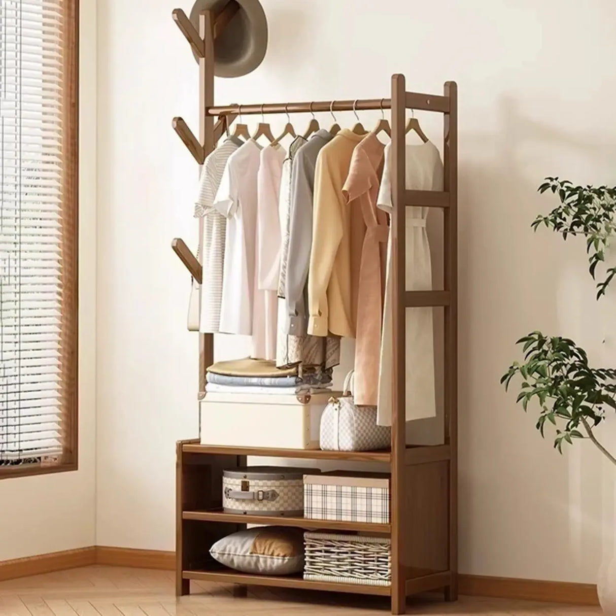 Rustic Wooden Natural Hooks Hall Tree with Storage Bench Image - 6