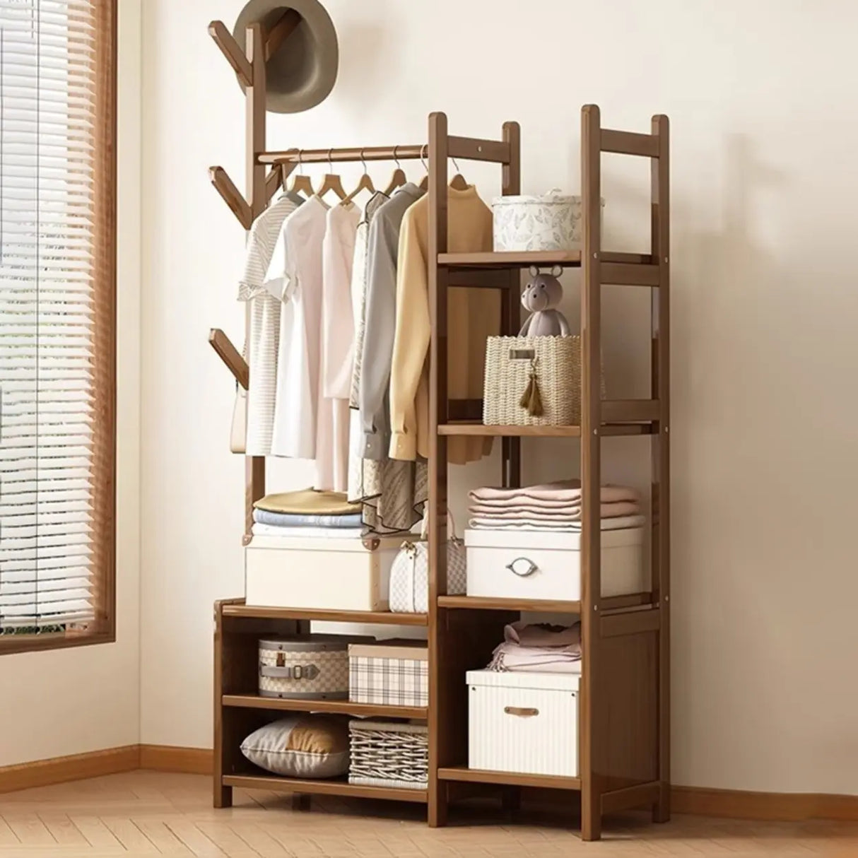 Rustic Wooden Natural Hooks Hall Tree with Storage Bench Image - 7