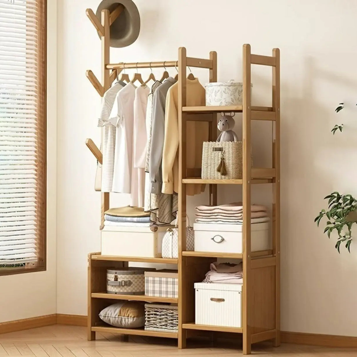 Rustic Wooden Natural Hooks Hall Tree with Storage Bench Image - 8