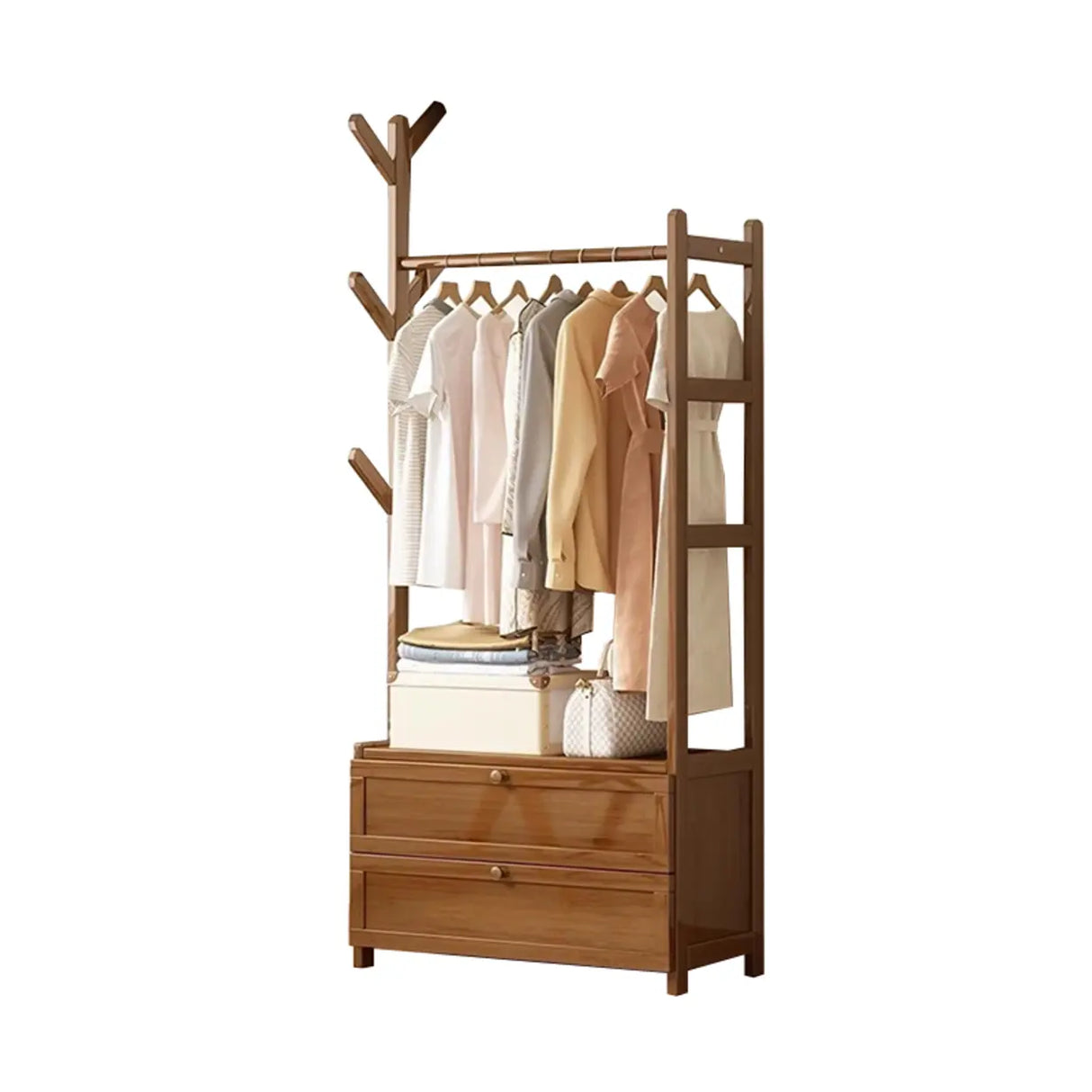Rustic Wooden Natural Hooks Hall Tree with Storage Bench Image - 9