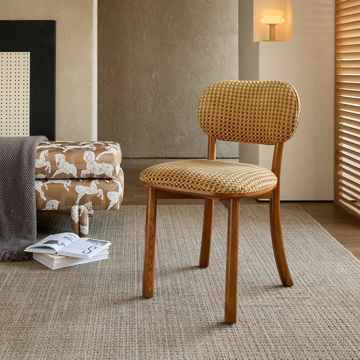 Rustic Woven Upholstered Open Back Wood Frame Dining Chair Image - 1