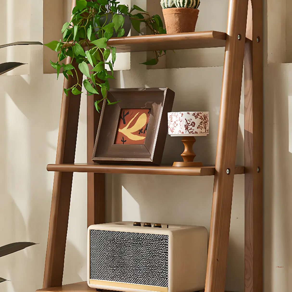 Rustic Woven Walnut Finish Ladder Wooden Bookshelf Image - 10