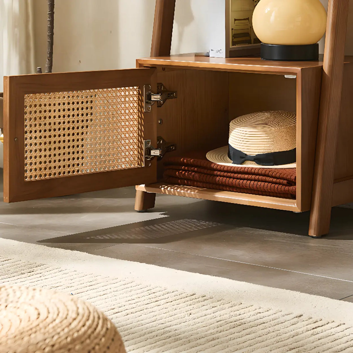 Rustic Woven Walnut Finish Ladder Wooden Bookshelf Image - 11