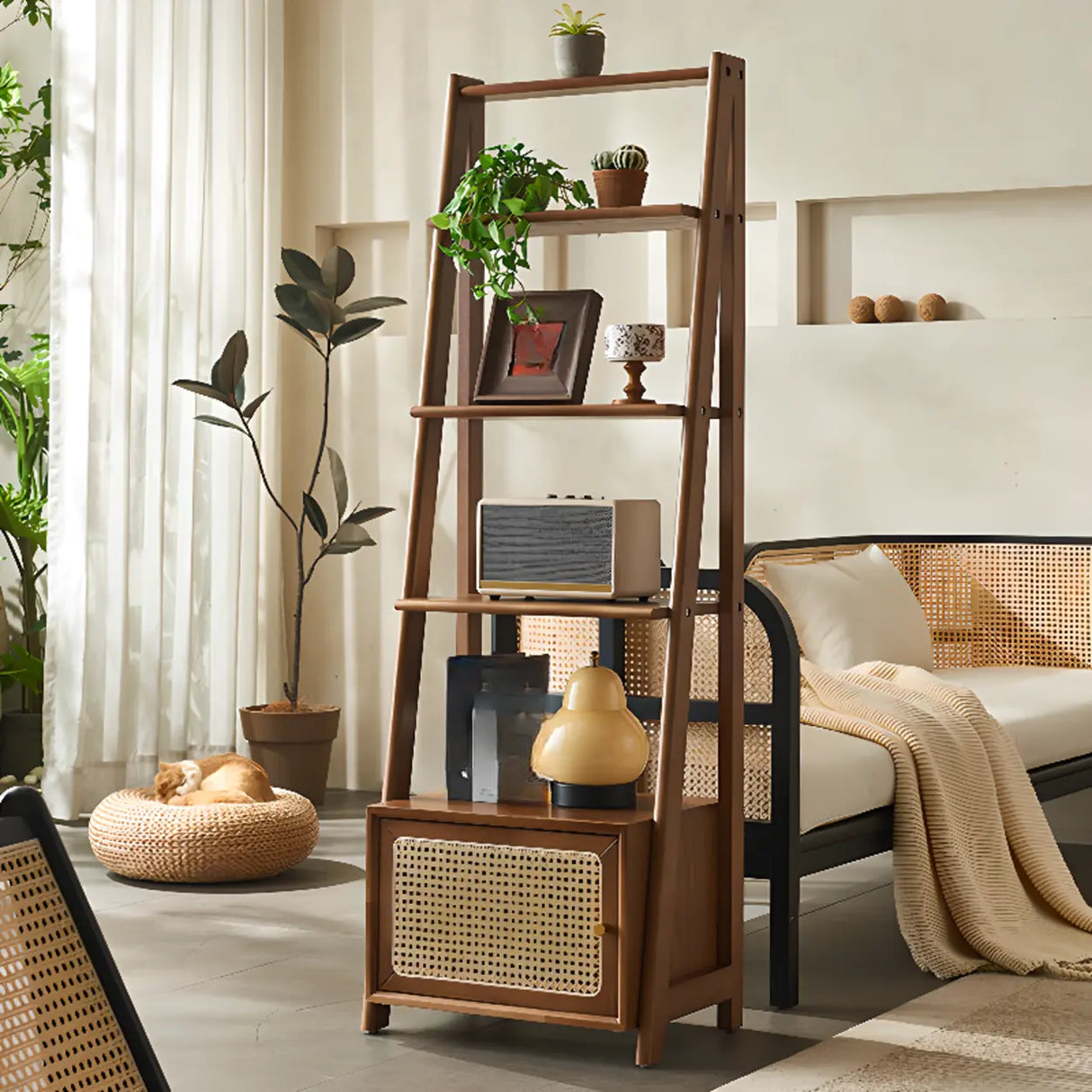 Rustic Woven Walnut Finish Ladder Wooden Bookshelf Image - 1