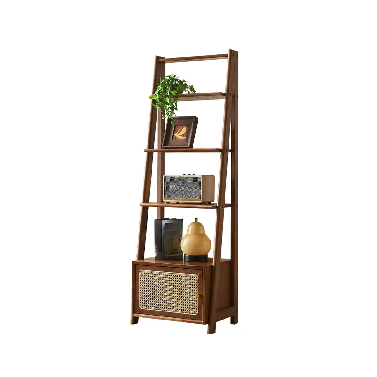Rustic Woven Walnut Finish Ladder Wooden Bookshelf Image - 2