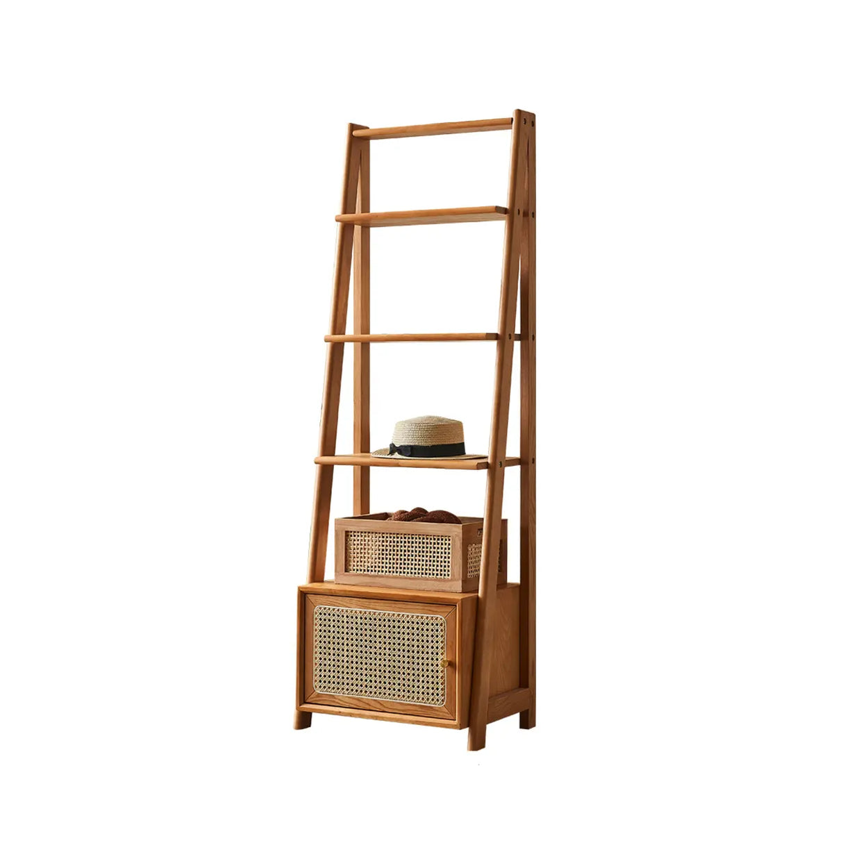 Rustic Woven Walnut Finish Ladder Wooden Bookshelf Image - 3