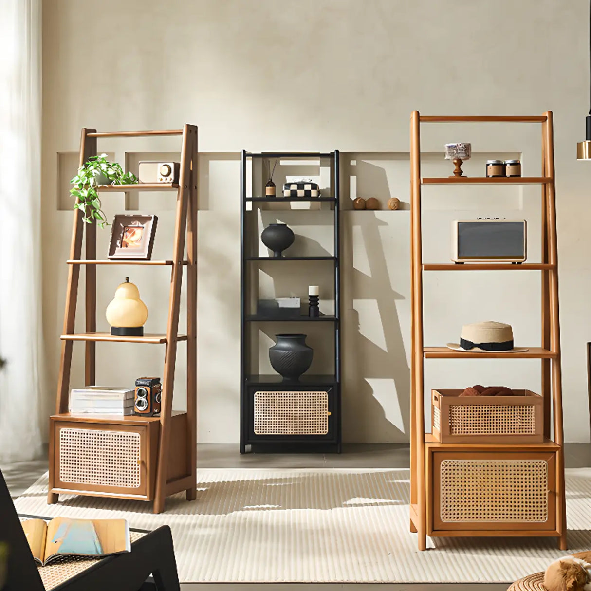 Rustic Woven Walnut Finish Ladder Wooden Bookshelf Image - 4