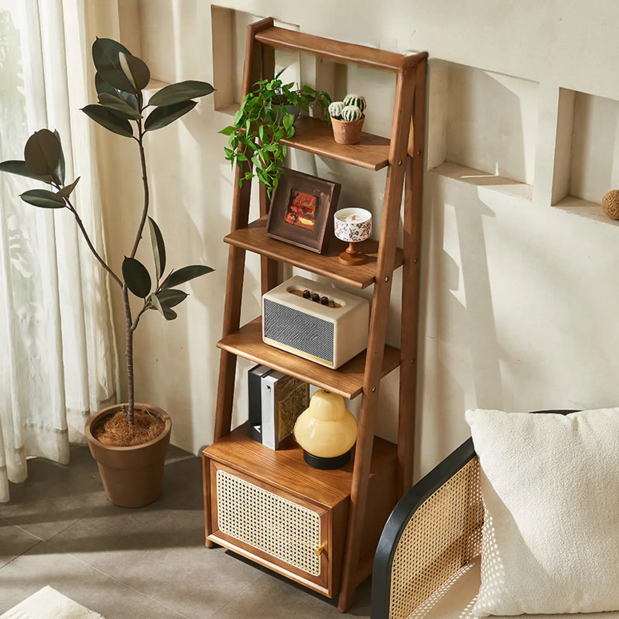 Rustic Woven Walnut Finish Ladder Wooden Bookshelf Image - 6