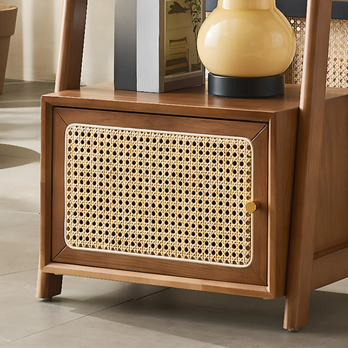 Rustic Woven Walnut Finish Ladder Wooden Bookshelf Image - 7