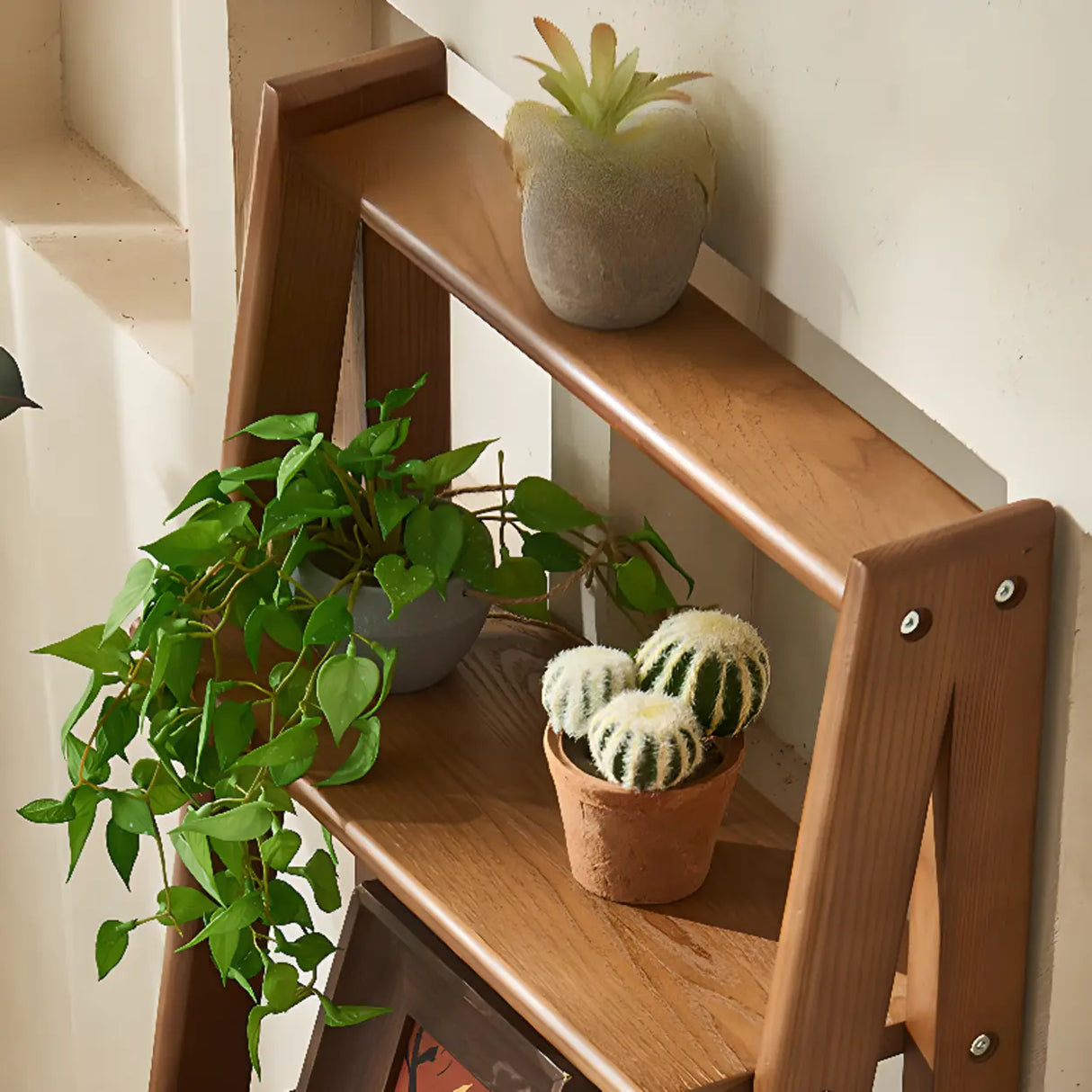 Rustic Woven Walnut Finish Ladder Wooden Bookshelf Image - 9