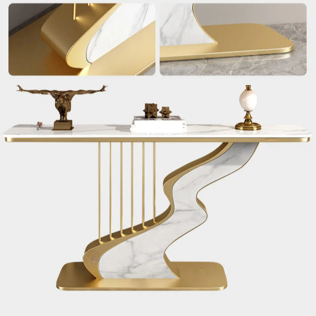 S-Curve Base Marble White and Gold Hallway Console Table Image - 10