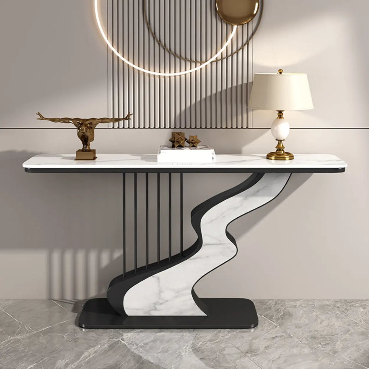 S-Curve Base Marble White and Gold Hallway Console Table Image - 11