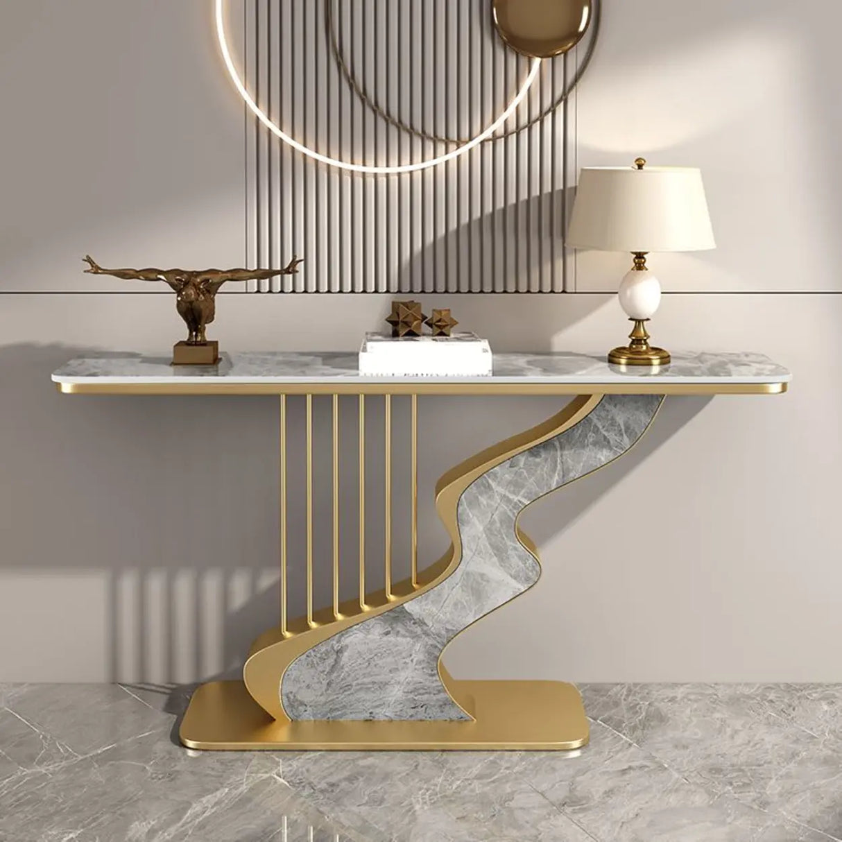 S-Curve Base Marble White and Gold Hallway Console Table Image - 13