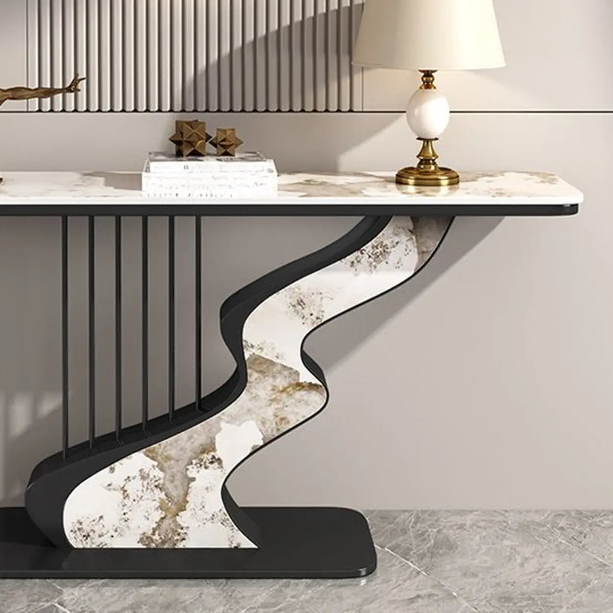 S-Curve Base Marble White and Gold Hallway Console Table Image - 17