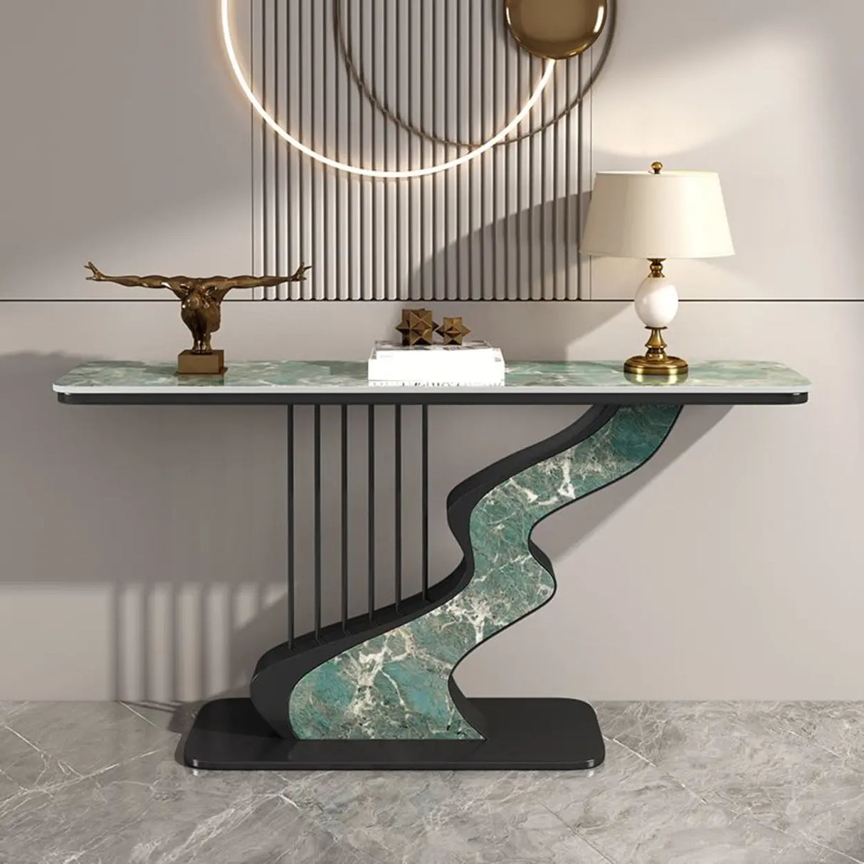 S-Curve Base Marble White and Gold Hallway Console Table Image - 19