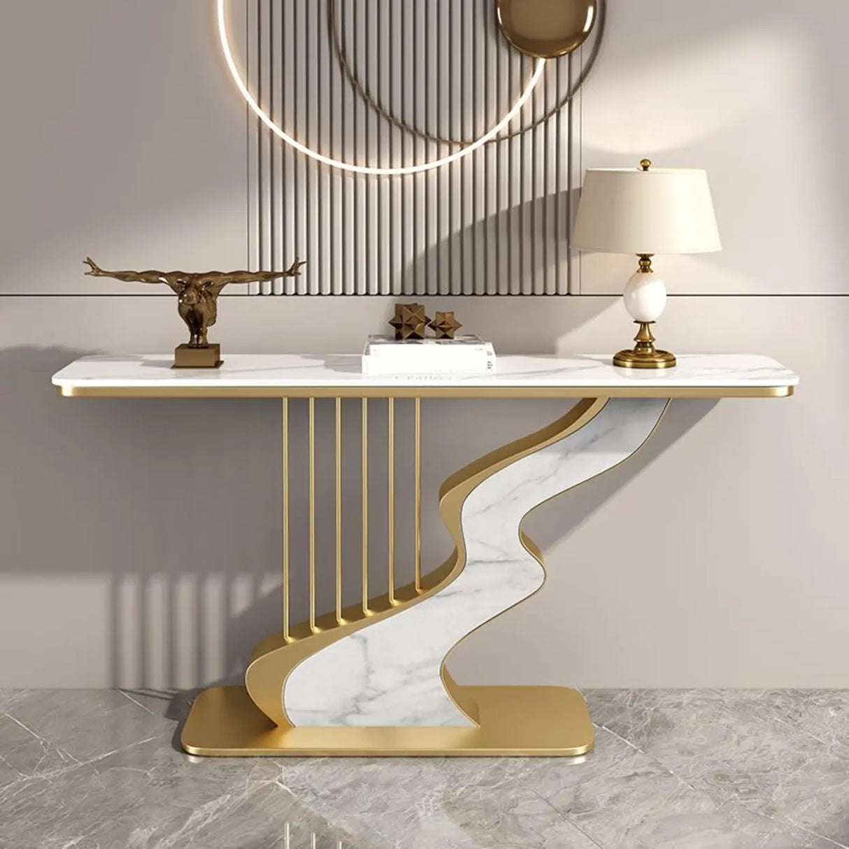S-Curve Base Marble White and Gold Hallway Console Table Image - 1