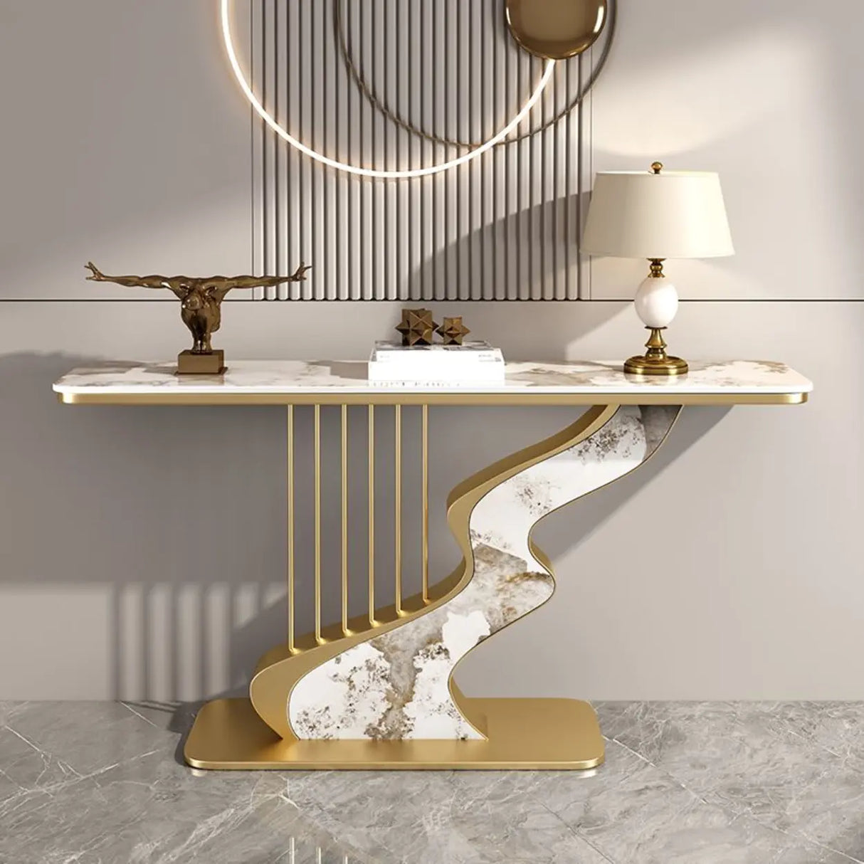 S-Curve Base Marble White and Gold Hallway Console Table Image - 2