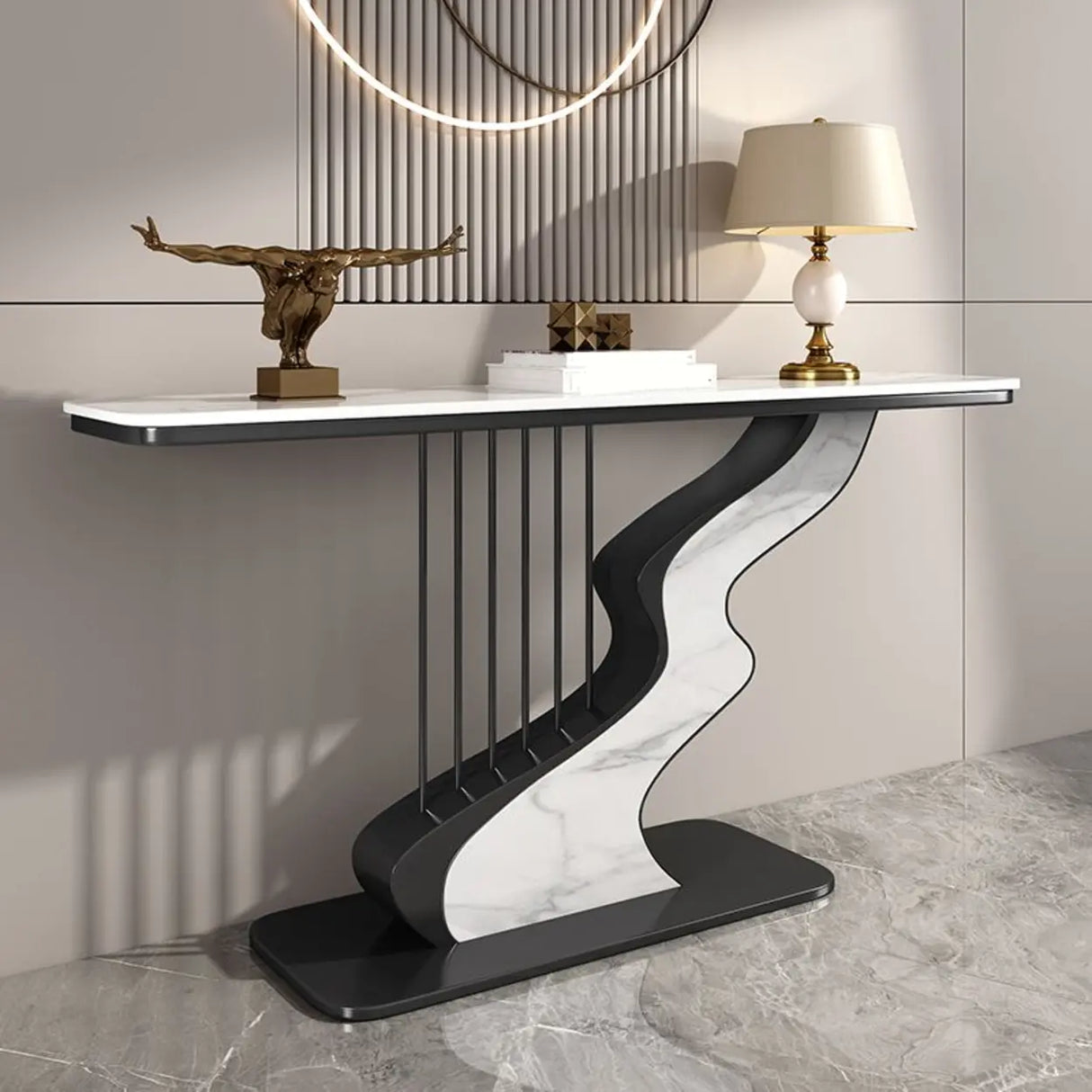 S-Curve Base Marble White and Gold Hallway Console Table Image - 5