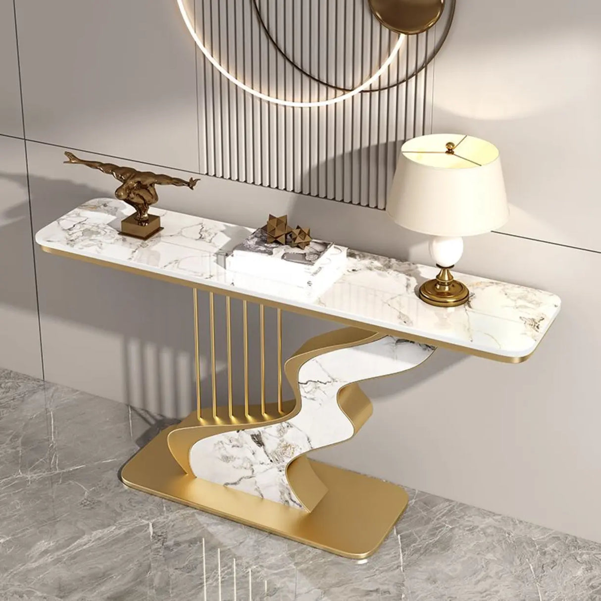 S-Curve Base Marble White and Gold Hallway Console Table Image - 6