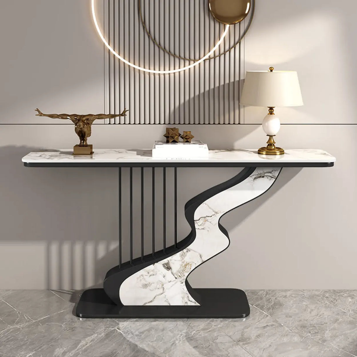 S-Curve Base Marble White and Gold Hallway Console Table Image - 7