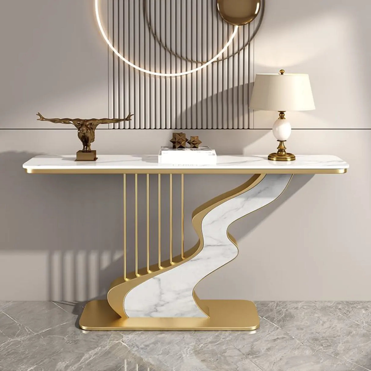 S-Curve Base Marble White and Gold Hallway Console Table Image - 9