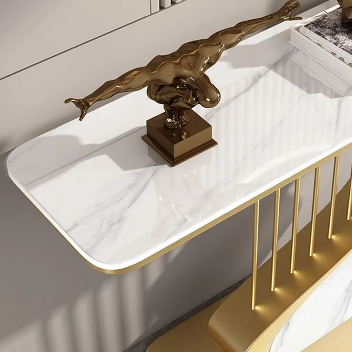 S-Curve Base Stone White and Gold Hallway Console Table Image - 12