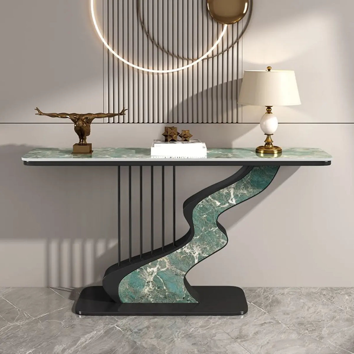 31"L x 12"W x 31"H Black Green S-Curve Base Stone White and Gold Hallway Console Table Image - 7