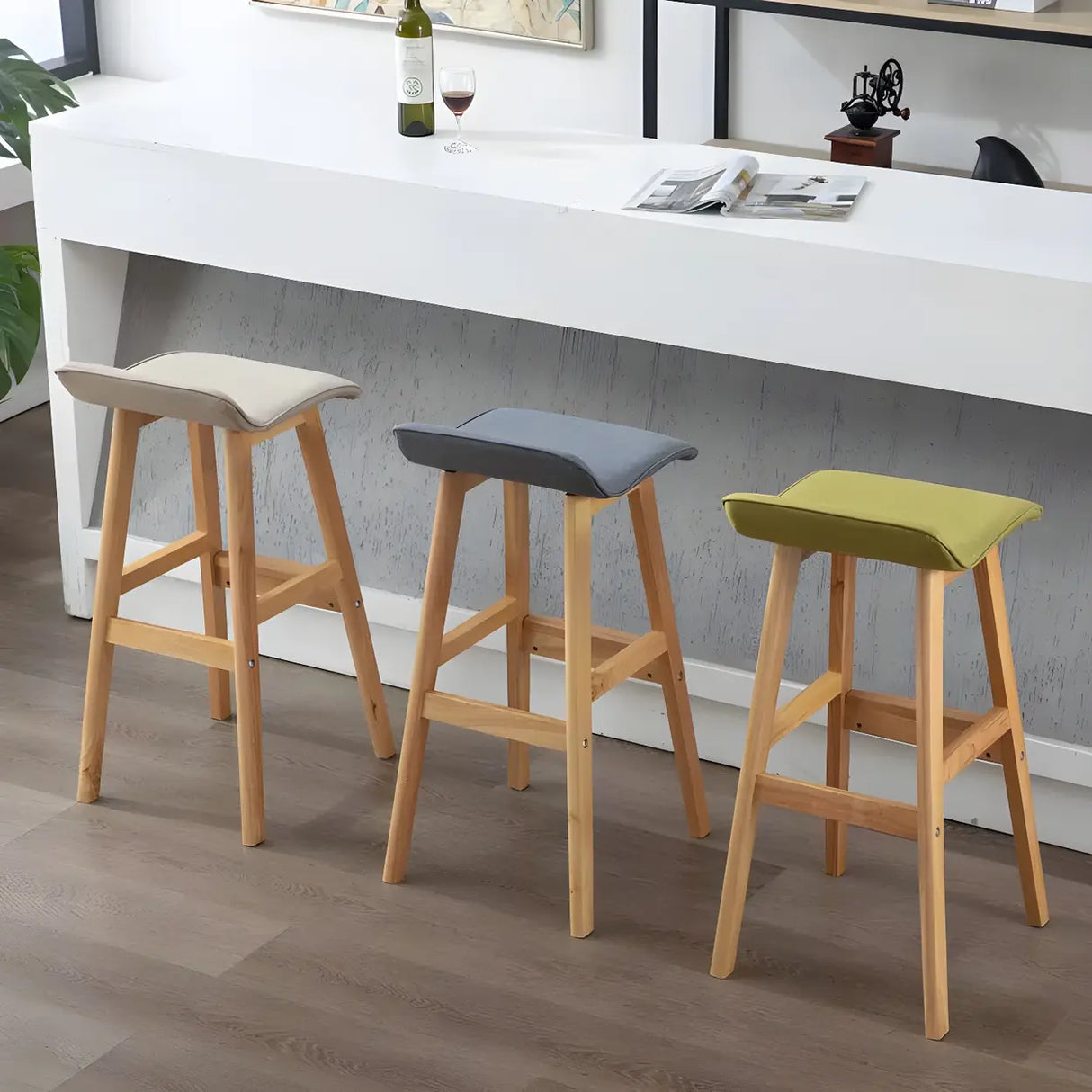 Saddle Faux Leather Seat Low Back Wooden Bar Stool Image - 2