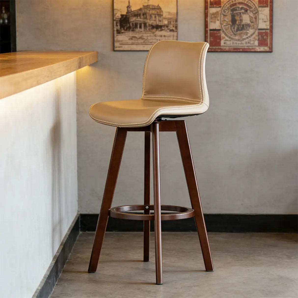 Saddle Genuine Leather Counter Height Low Back Swivel Bar Stools Image - 2