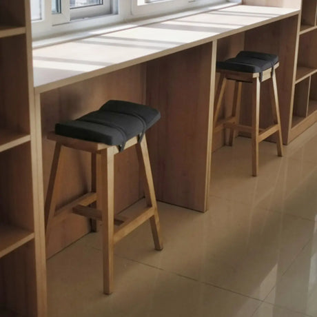 Saddle Wood Backless Short Bar Stool with Footrest Image - 1