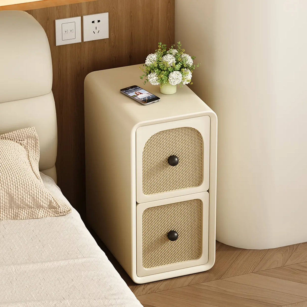 Scandinavia Wood Cream Small Nightstand with Drawers Image - 1