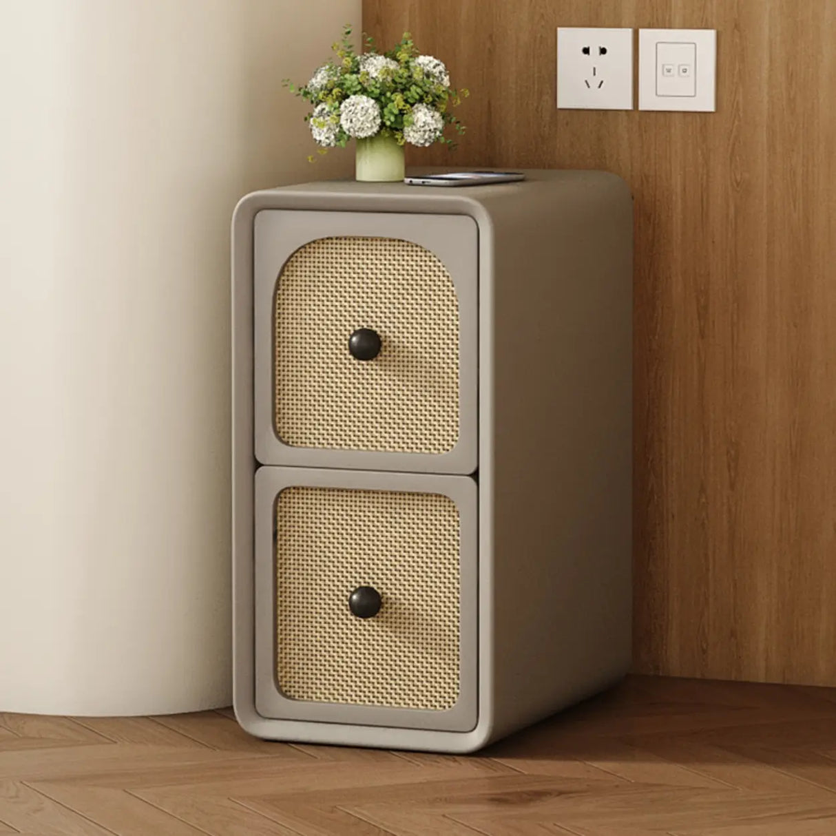 Scandinavia Wood Cream Small Nightstand with Drawers Image - 13