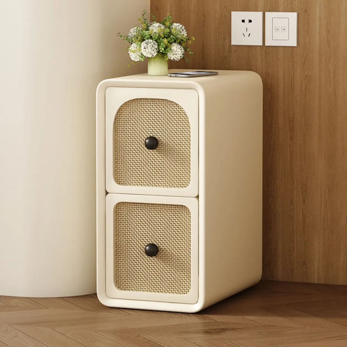 Scandinavia Wood Cream Small Nightstand with Drawers Image - 2