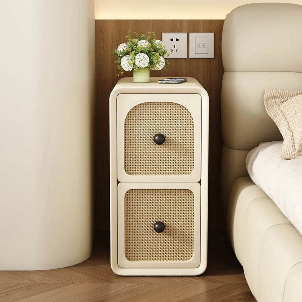 Scandinavia Wood Cream Small Nightstand with Drawers Image - 4