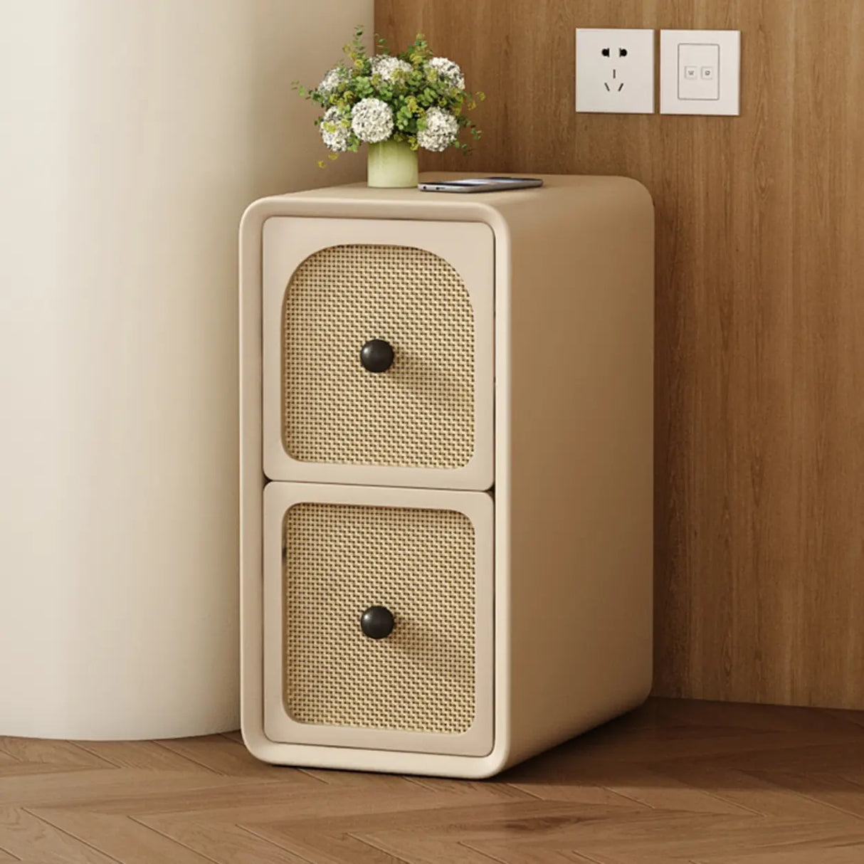 Scandinavia Wood Cream Small Nightstand with Drawers Image - 9