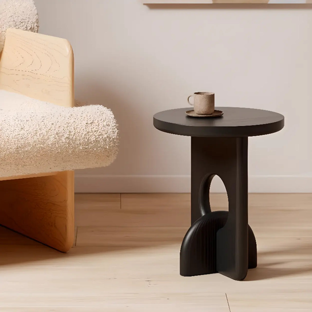 Scandinavian Abstract Base Small Round Top Wood Side Table Image - 1