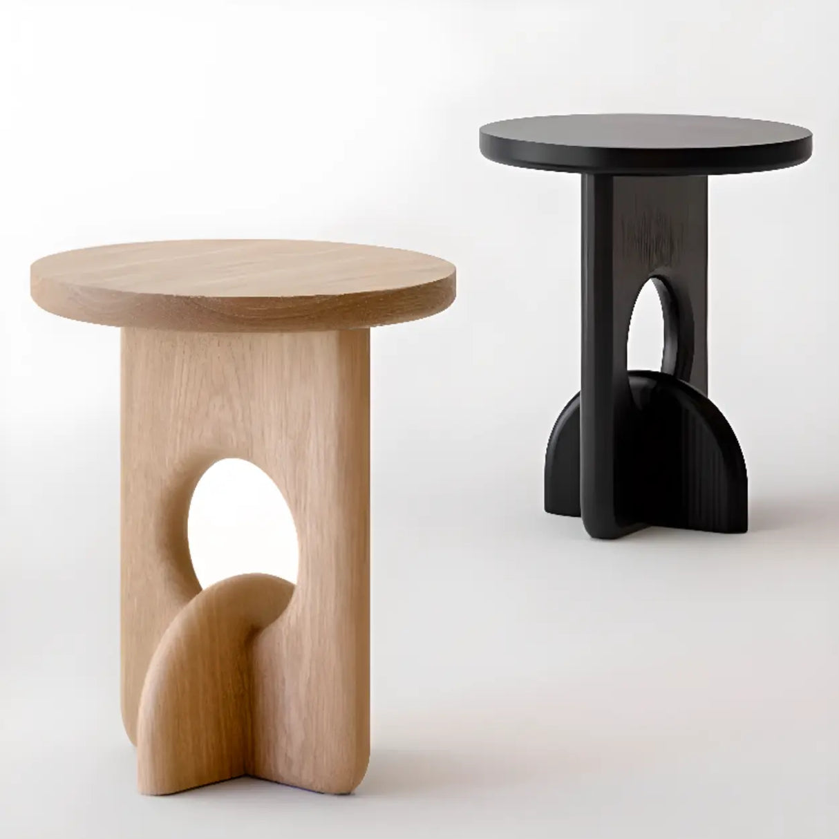 Scandinavian Abstract Base Small Round Top Wood Side Table Image - 11